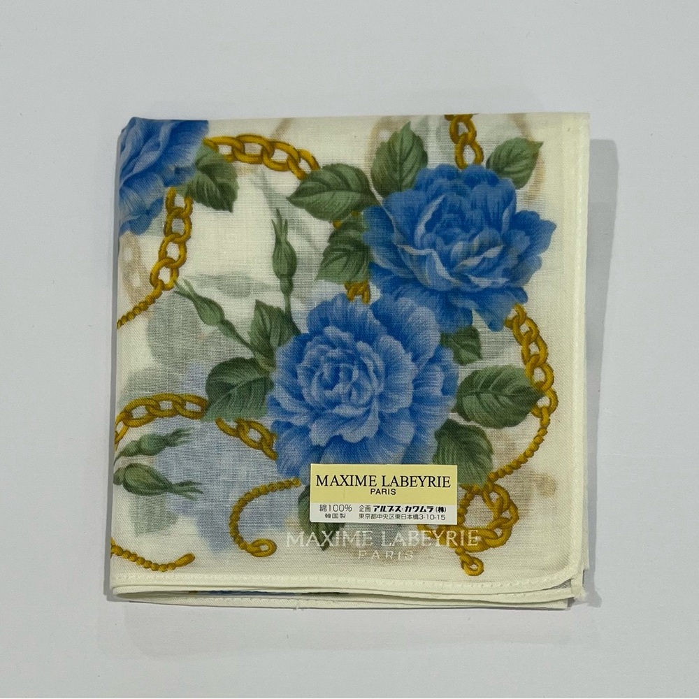 Handkerchief VTG Maxine Liberis Women Art Floral Blue Cotton Pocket Square 18”